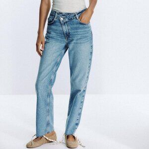ZARA HIGH WAISTED CROSSOVER WAIST STRAIGHT JEANS